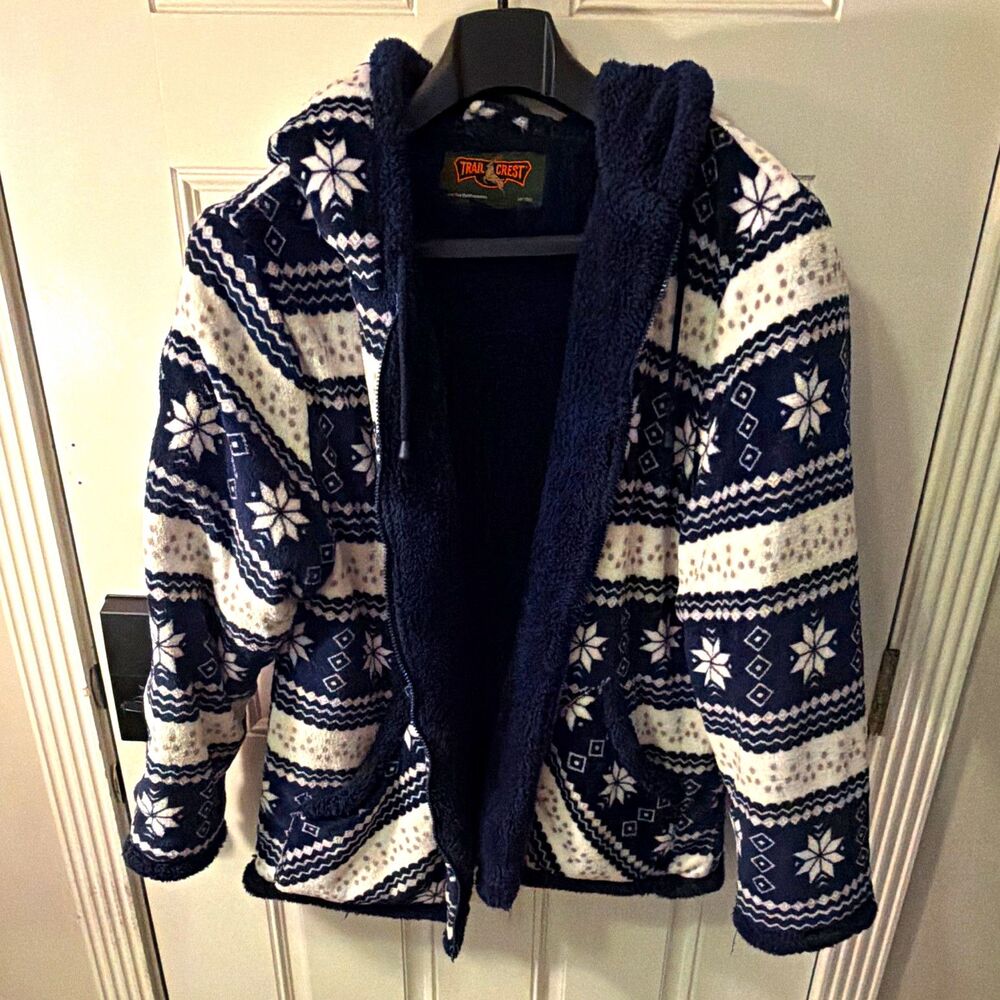 Trail Crest Men's Fair Isle Hooded Full Zip Fleece Jacket Blue/White 3XL